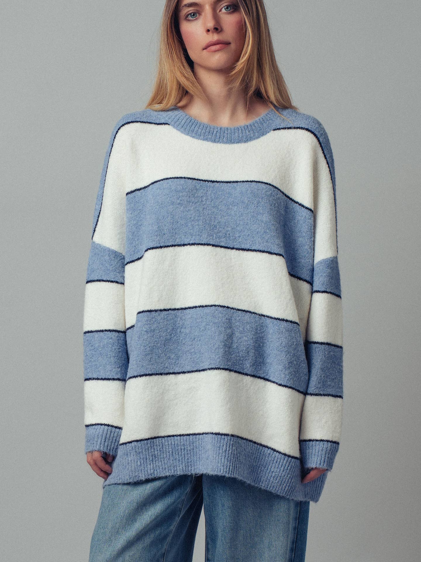 Oversized Rugby Stripe Knit Sweater | Blue