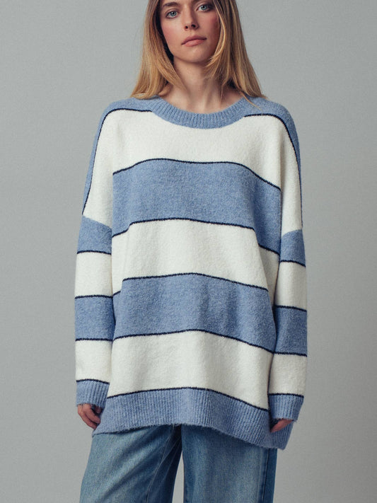 Oversized Rugby Stripe Knit Sweater | Blue