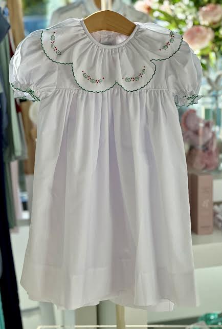 Scalloped Holly Embroidered Dress | White/Green Check