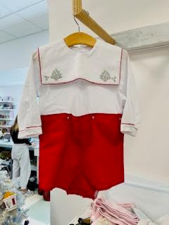 Boy Button-On Shortall with Embroidered Christmas Trees