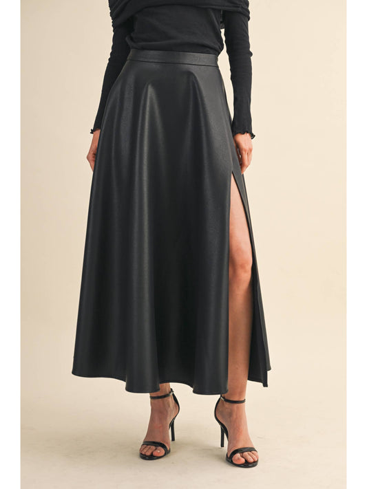 Leather A-Line Maxi Skirt with High Slit | Black