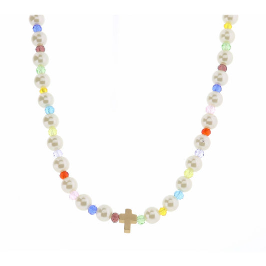 Kids 14" Pearl & Multi Faceted with Cross Necklace