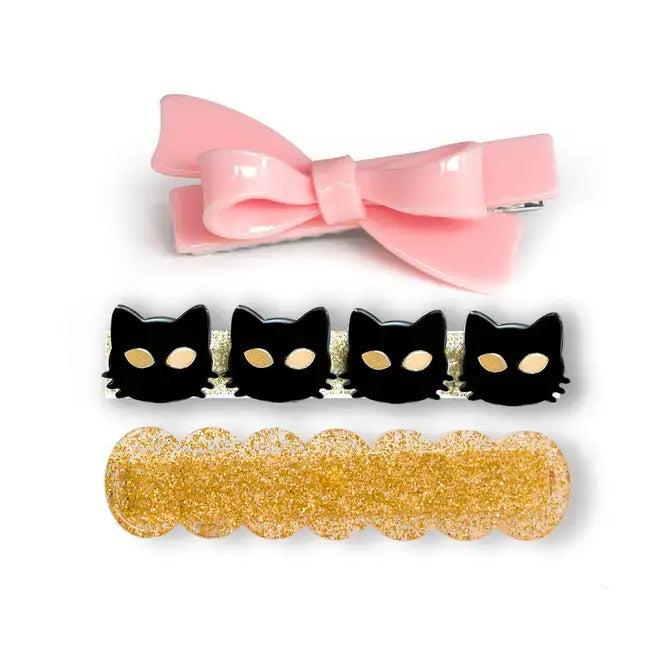 Cat Black + Pink Bowtie Hair Clips