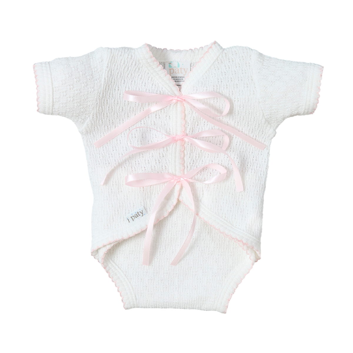 Knit Ribbon Tie Onesie with Built-In Diaper Cover | White & Pink