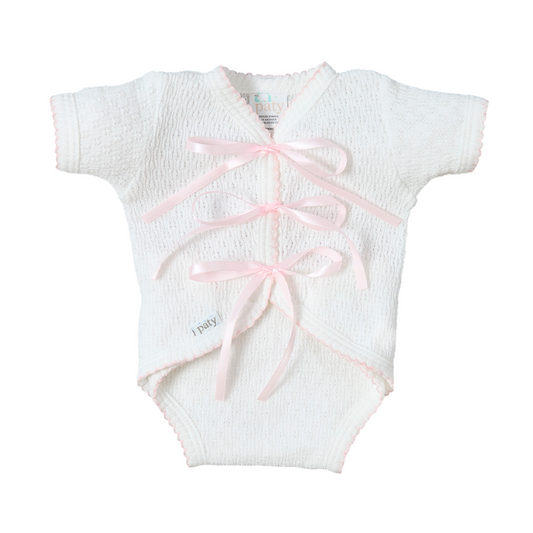 Knit Ribbon Tie Onesie with Built-In Diaper Cover | White & Pink