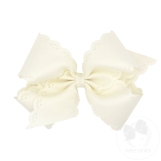 Medium Grosgrain Bow with Eyelet Flower Embossed Edges | Antique White