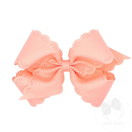 Medium Grosgrain Bow with Eyelet Flower Embossed Edges | Light Coral