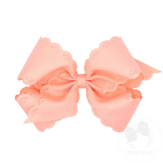 Medium Grosgrain Bow with Eyelet Flower Embossed Edges | Light Coral