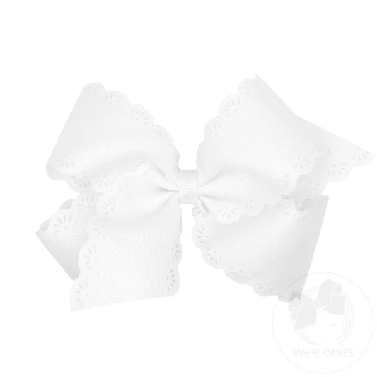 Medium Grosgrain Bow with Eyelet Flower Embossed Edges | White