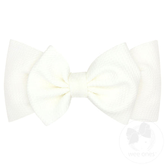 Soft Solid Rippled-Textured Large Baby Girls Bowtie on Matching Wide Band | Off White