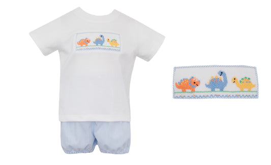 Boy's Tiny Stripe White Knit T-Shirt Set w/ Bloomer | Light Blue Dinos