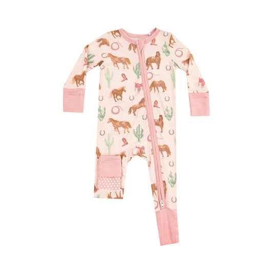 2-Way Zipper Romper | Western Horses Pink