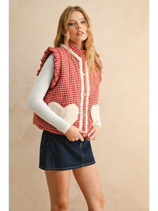Gingham Pattern Sherpa Heart Pocket Vest | Red