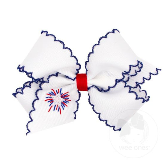 Medium White Grosgrain Bow with Royal Moonstitch Edge | Firework Embroidery