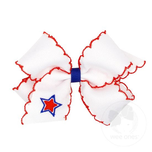 King White Grosgrain Bow with Royal Moonstitch Edge | Star Embroidery