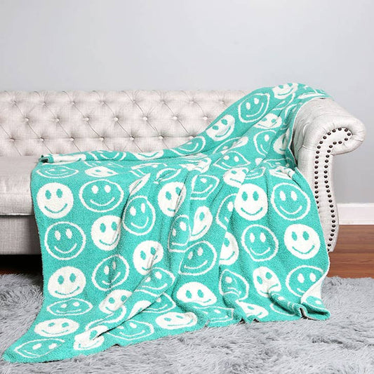 Happy Face Patterned Throw Blanket | Mint