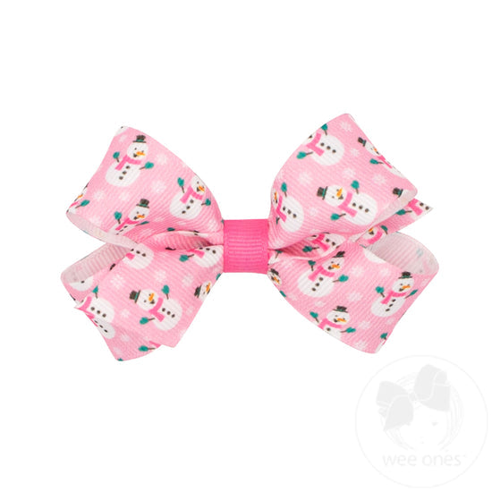 King Holiday-themed Printed Grosgrain Hair Bows | Pink Snowman