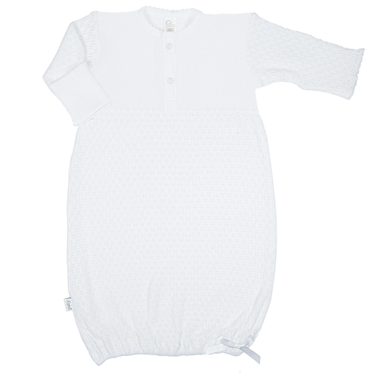 Long Sleeve Day Gown w Buttons | White w White Trim