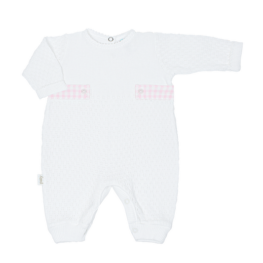 Knit Long Sleeve Romper with Gingham Tabs | Pink