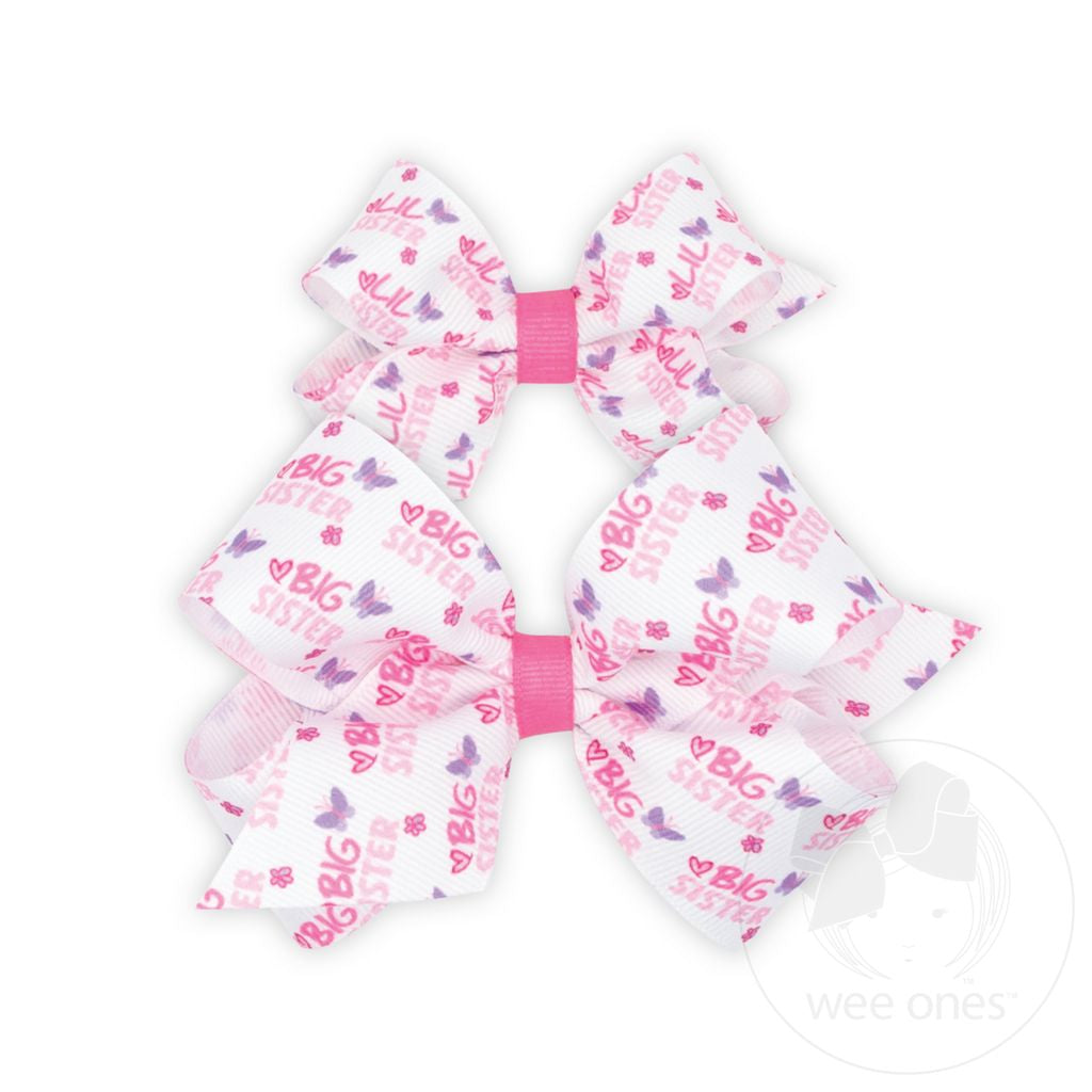 One Mini Little Sister Printed Grosgrain Hair Bow and One Medium Big Sister Printed Grosgrain Hair Bow