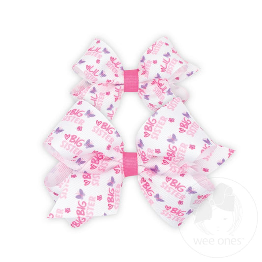 One Mini Little Sister Printed Grosgrain Hair Bow and One Medium Big Sister Printed Grosgrain Hair Bow