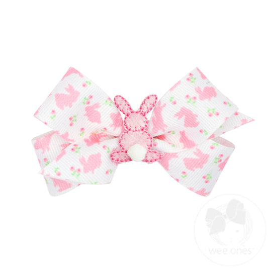 Mini Grosgrain Hair Bow with Small Pink Backside Bunny with Puff Tail
