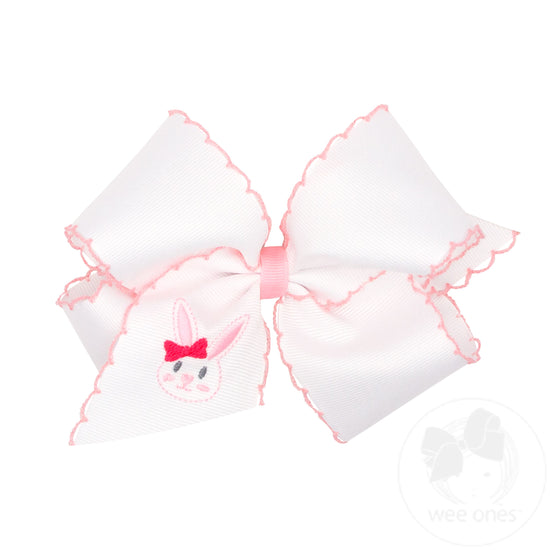 King White Grosgrain Bow with Moonstitch Edge and Easter Bunny Embroidery on Tail