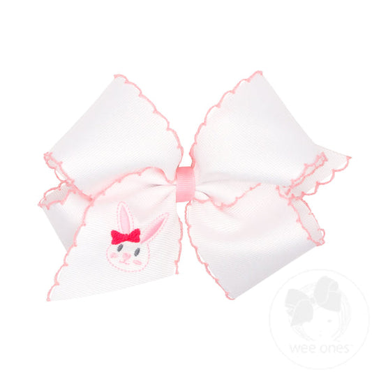 Medium White Grosgrain Bow with Moonstitch Edge and Easter Bunny Embroidery on Tail