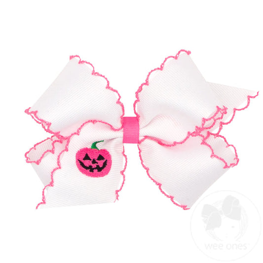 Medium Grosgrain Hair Bow with Moonstitch Edge | Pink Jack-O-Lantern Embroidery