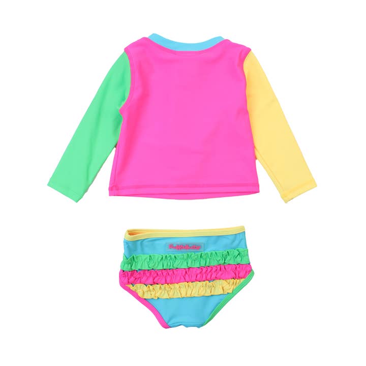 Girls Neon Color Block Long Sleeve Zipper Rash Guard 2-Piece