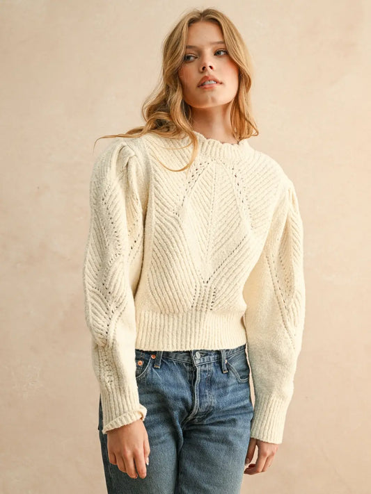 Scalloped Detailed Puff Shoulder Sweater Top | Biege
