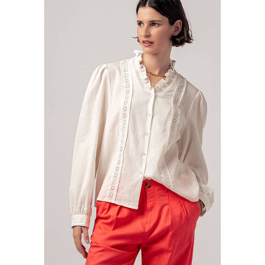 Ruffle Neck Lace Trim Button Down Long Sleeve Blouse