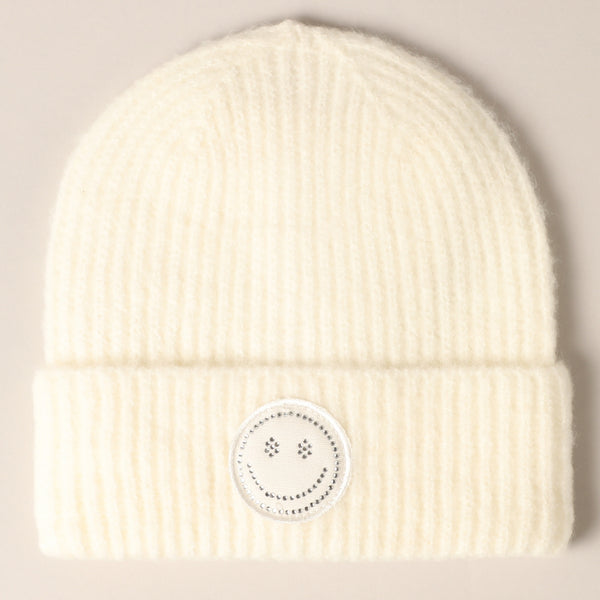 Happy Face Patch Ribbed Cuff Beanie | Denim, Pink or Off White