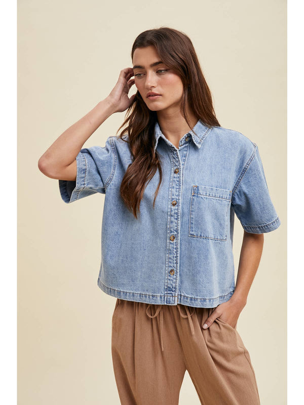 Denim Button-Up Shirt with Pocket