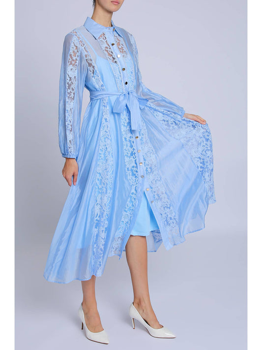 Lined Floral Embroidered Lace On Sheer Midi Dress | Blue