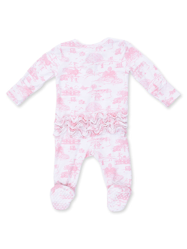 Golf Toile Pink | 2 Way Ruffle Back Zipper Footie