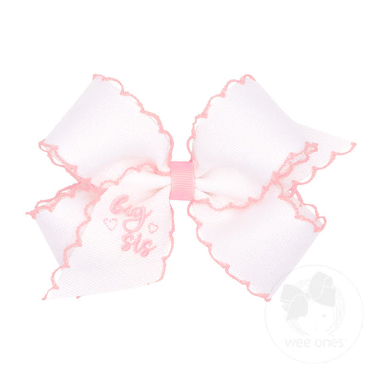 King "Big Sis" Embroidered Grosgrain Hair Bow with Light Pink Moonstitch Edge