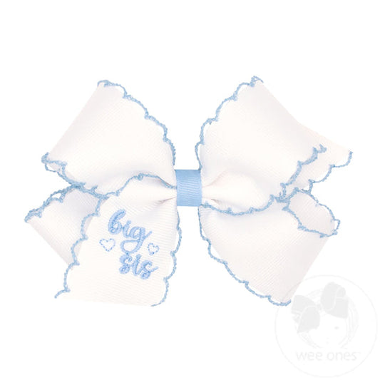 King "Big Sis" Embroidered Grosgrain Hair Bow with Millennium Blue Moonstitch Edge