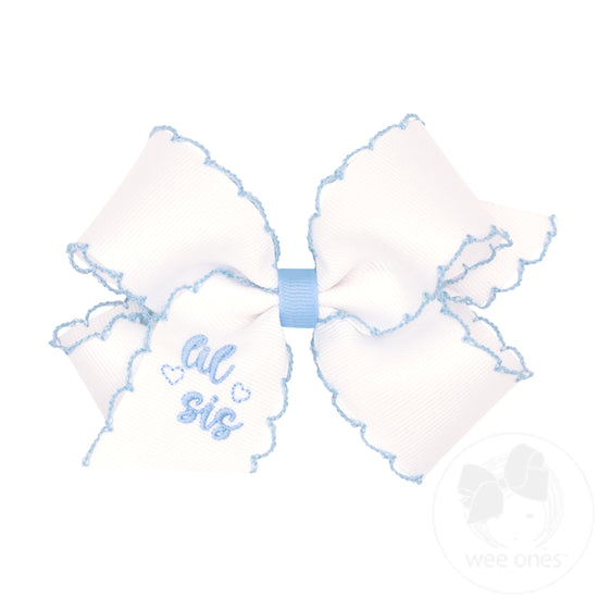 King"Lil Sis" Embroidered Grosgrain Hair Bow with Millennium Blue Moonstitch Edge