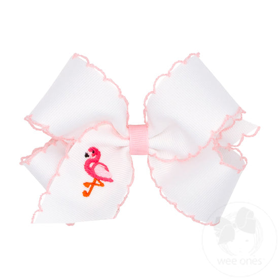 King Grosgrain Hair Bow with Moonstitch Edge and Flamingo Embroidery