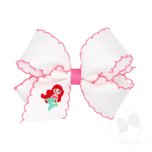 King Grosgrain Hair Bow with Moonstitch Edge and Mermaid Embroidery