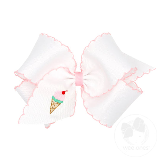 Medium Grosgrain Hair Bow with Moonstitch Edge and Ice Cream Embroidery