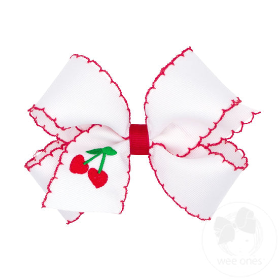 King Grosgrain Hair Bow with Moonstitch Edge and Cherries Embroidery