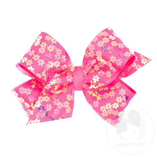 Medium Flower Sequin Tulle Overlay Grosgrain Hair Bow | Pink