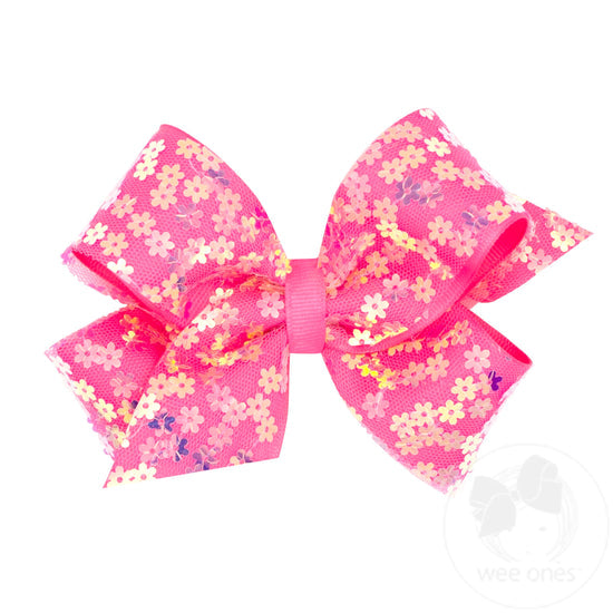 King Flower Sequin Tulle Overlay Grosgrain Hair Bow | Hot Pink