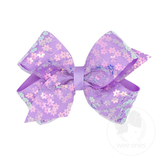 Medium Flower Sequin Tulle Overlay Grosgrain Hair Bow | Purple