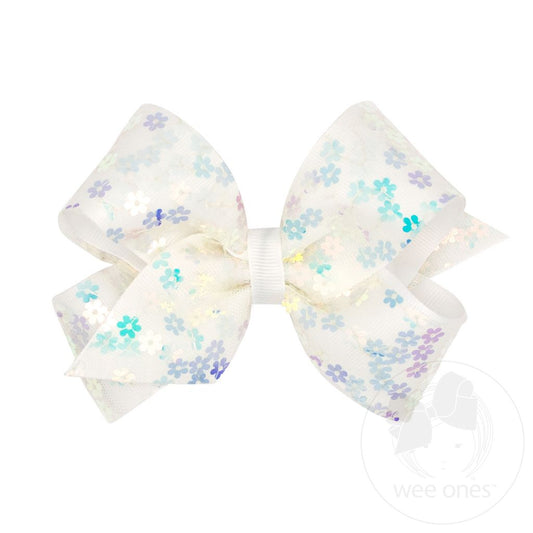 Medium Flower Sequin Tulle Overlay Grosgrain Hair Bow | White