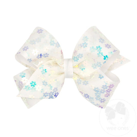 King Flower Sequin Tulle Overlay Grosgrain Hair Bow | White