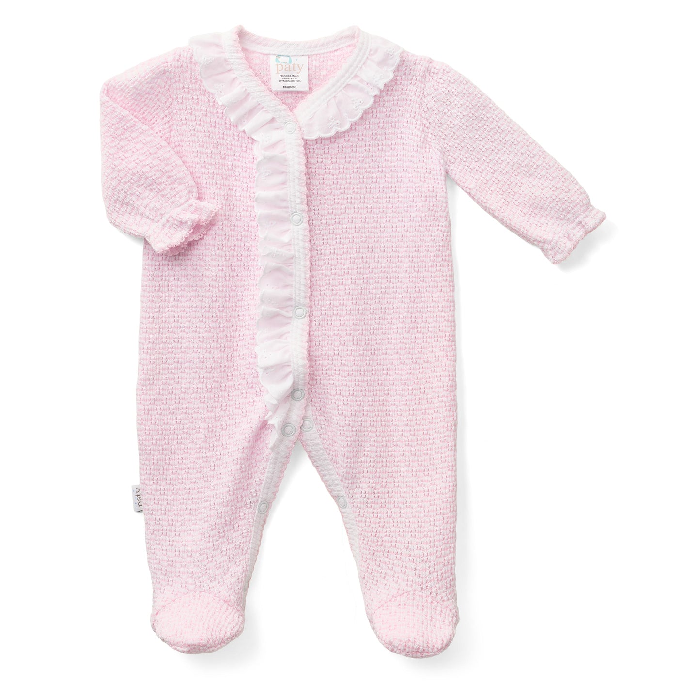 Knit Solid Color Footie with Eyelet Trim | Pink