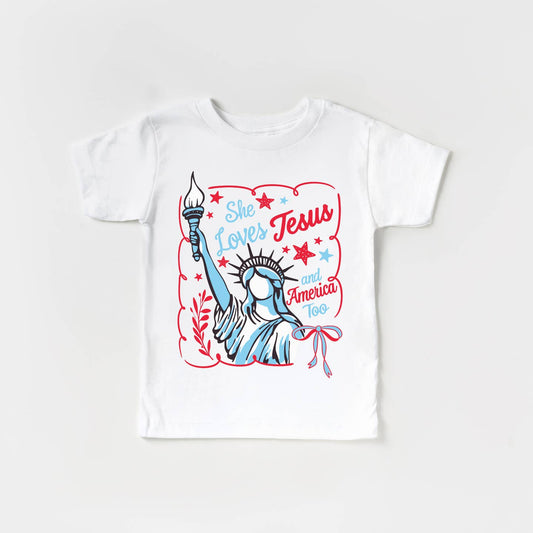 She Loves Jesus and America Too Girls T-Shirt | White